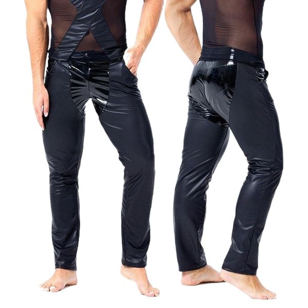 

men's thermal underwear aiiou plus size men black wetlook leggings faux leather pants gay fetish nightclub dance wear stage performance, Black;white