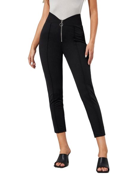 

asymmetrical waist zip front seam detail skinny pants i5hc#, Black;white