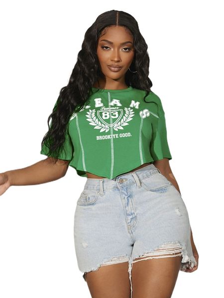 

sxy leaf & letter graphic drop shoulder hanky hem crop tee a0tf#, White