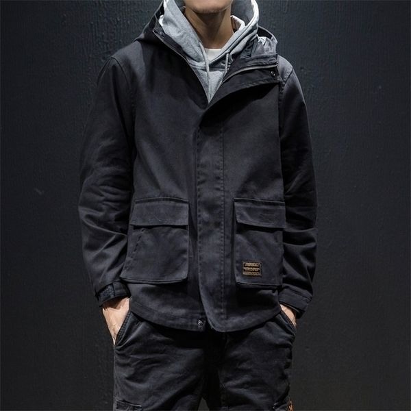 

japan style autumn new loose jackets men plus size casual hooded windbreaker jacket long sleeve multi pockets men coats 5xlm t200502, Black;brown
