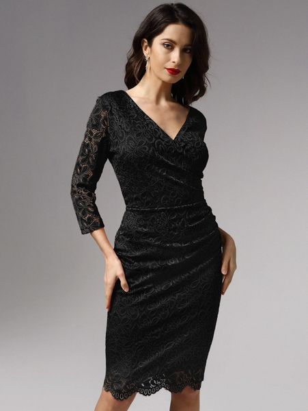 

miusol surplice neck ruched lace midi dress r5ls#, Black;gray