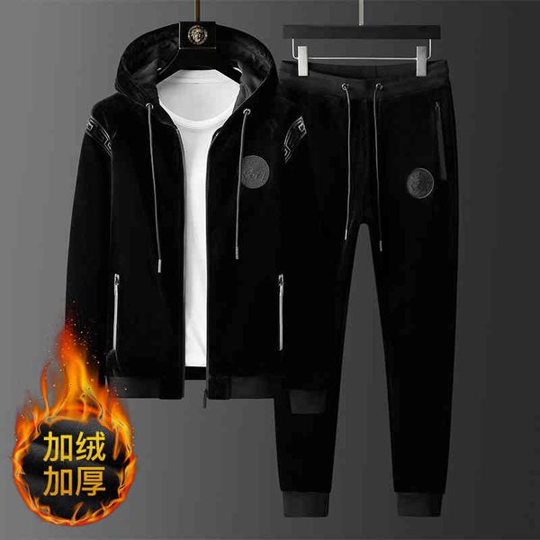 

men's tracksuits golden velvet sweater set men's winter fashion brand hooded embroidery plush thickened zipper casual two-piece sp, Gray