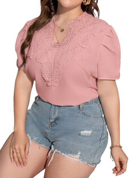 

plus contrast guipure lace puff sleeve blouse 86om#, Black