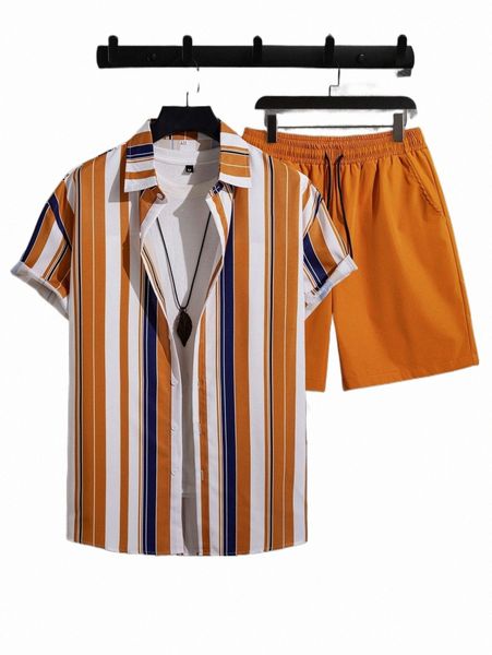 

men random block striped print shirt & shorts without tee w1b3#, Gray
