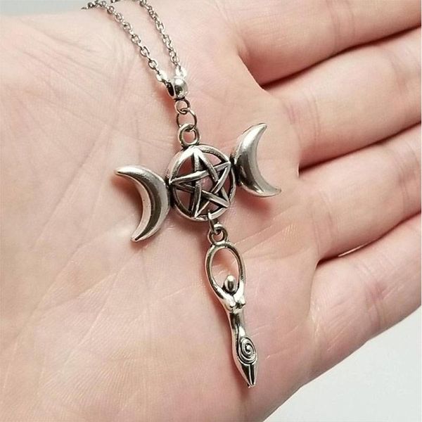 Подвесные ожерелья модная тройная луна богиня пентаграммы ожерелья колени ведьма язычника таинственная готическая женская подарок подвесной кулон