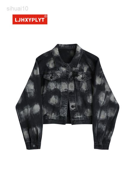 

tie-dye short denim jacket women spring autumn new hong kong style fashion simple loose neutral long sleeve thin jacket female l220725, Black;brown
