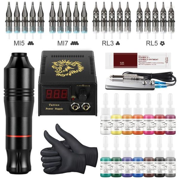 Kits de armas de tatuagem Kit de máquina completo Conjunto de caneta rotativa profissional Agulhas de cartucho para maquiagem permanente Sobrancelha Corpo FerramentasTatuagem