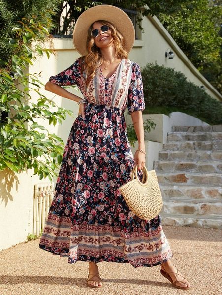 

floral print ruffle hem dress p16f#, Black;gray