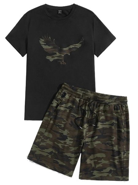 

men camo print tee & drawstring waist shorts y0lr#, Gray