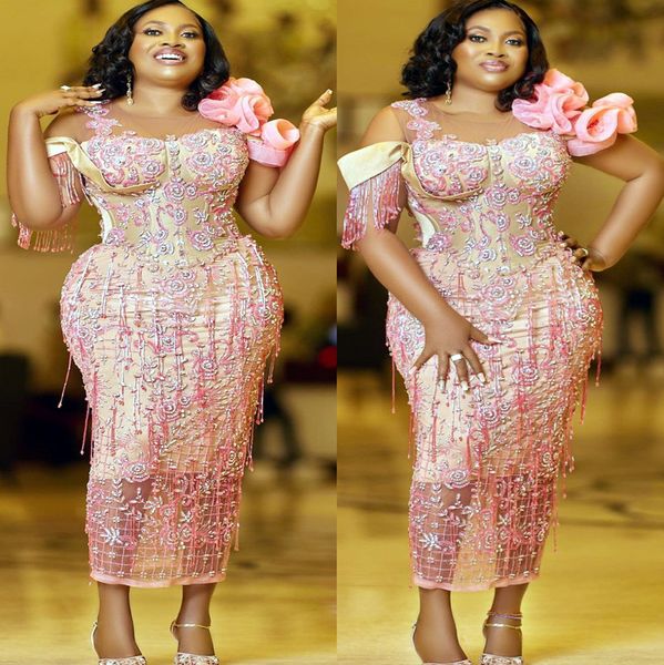 2022 plus size arabic aso ebi rosa bainha luxuosa vestidos de baile de renda de renda à noite festa formal de segunda recepção vestidos de noivado de aniversário ZJ445