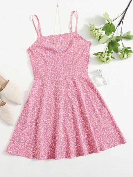 

allover plants flared hem dress w238#, Black;gray