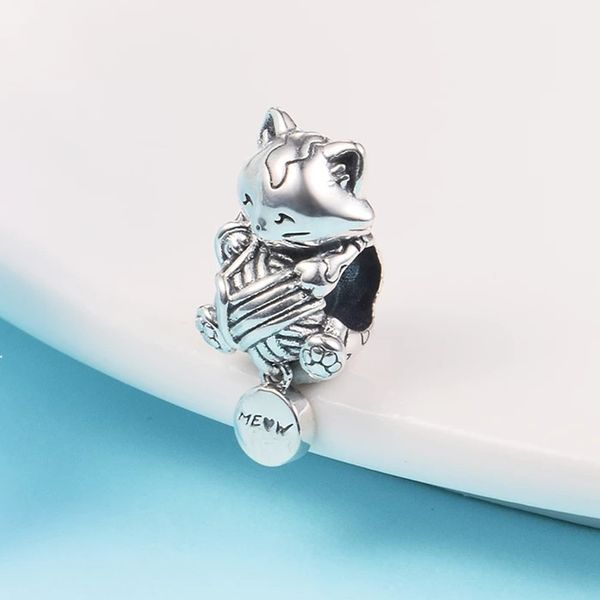 

autumn genuine silver 925 jewelry kitten and yarn ball charm bead fit pandora s925 sterling bracelet making diy for women gift, Black