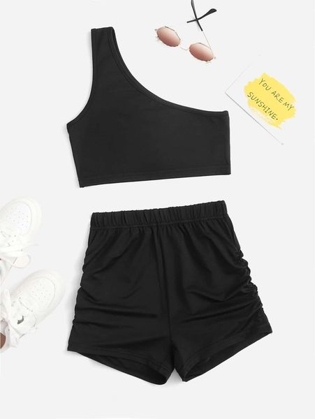

girls one shoulder & ruched shorts she, White
