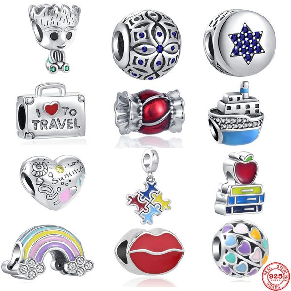 925 Sterling Silber baumelnder Charm „I Love Travel Shop“, bunte Heißluftballon-Puzzle-Perlen, passend für Pandora-Charm-Armbänder, DIY-Schmuckzubehör