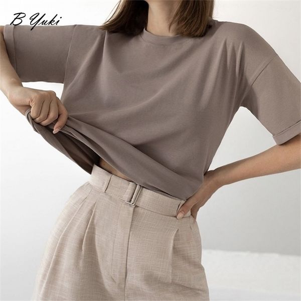

blessyuki 100% cotton basic t shirt women summer oversized casual solid tee female loose short sleeve soft 10 color 220322, White