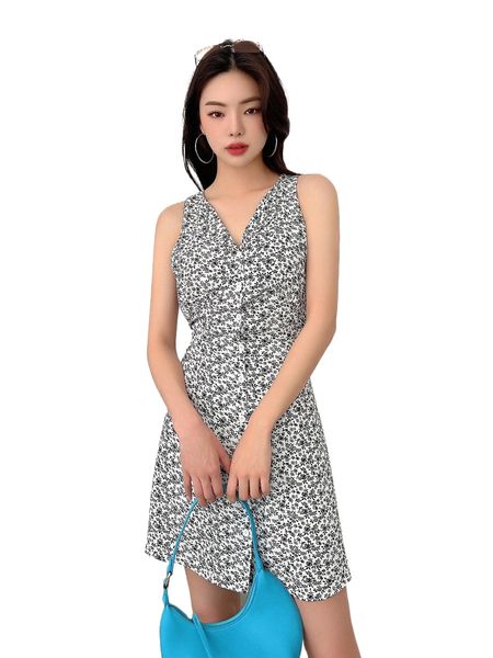 

dazy ditsy floral single breasted tie back dress w4or#, Black;gray