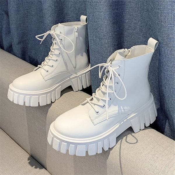 

rimocy women white ankle boots pu leather thick sole lace up combat booties female autumn winter platform shoes woman 220805, Black
