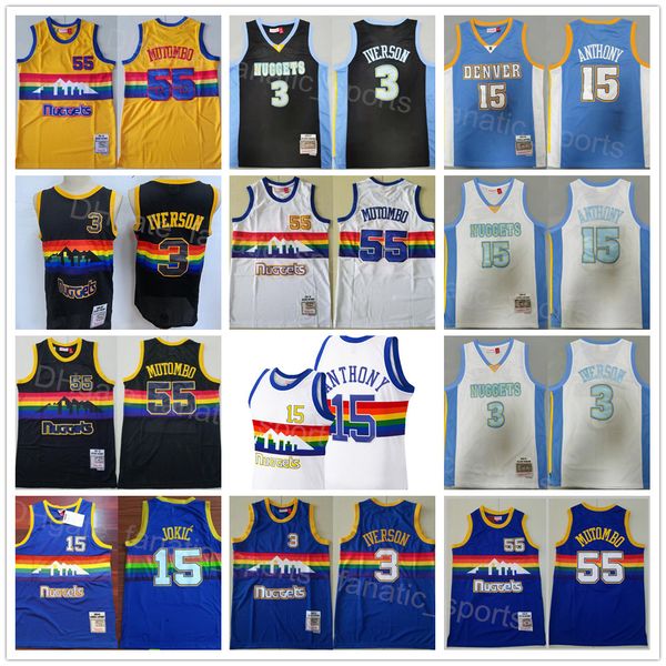 

vintage basketball mitchell and ness retro jerseys dikembe mutombo 55 carmelo 15 allen iverson 3 blue black white yellow team stitched sport, Black;red