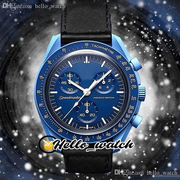 

bioceramic moonswatch swiss quqrtz chronograph mens watch so33n100 mission to neptune 42mm real navy blue ceramic black nylon with box super, Slivery;brown
