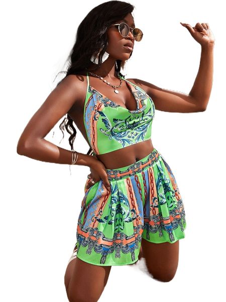 

sxy chain print tie backless halter & shorts h3lz#, White