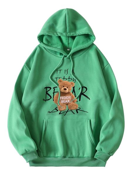 

bear and slogan graphic drawstring thermal lined hoodie u9qn#, Black