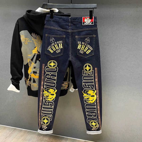 

luxury designer for men spring and summer baofushen pants men's jeans fashion brand primary color washing printing embroidery elastic s, Blue