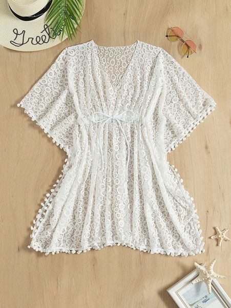 

pompom sheer mesh cover up a7td#, White;black