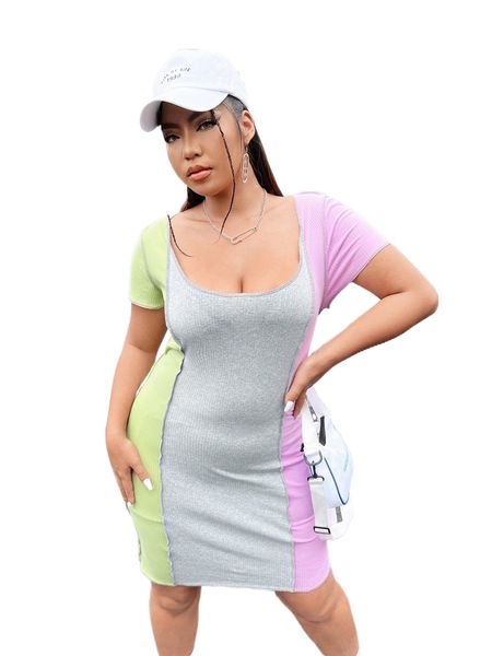 

plus colorblock scoop neck bodycon dress l4wy#, Black
