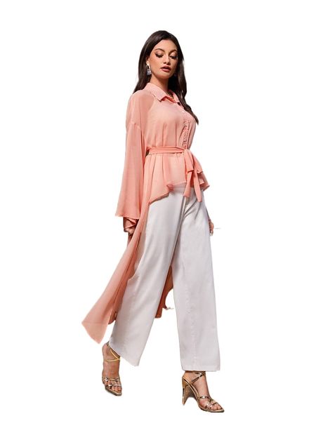 

drop shoulder high low hem belted blouse p3i3#, White