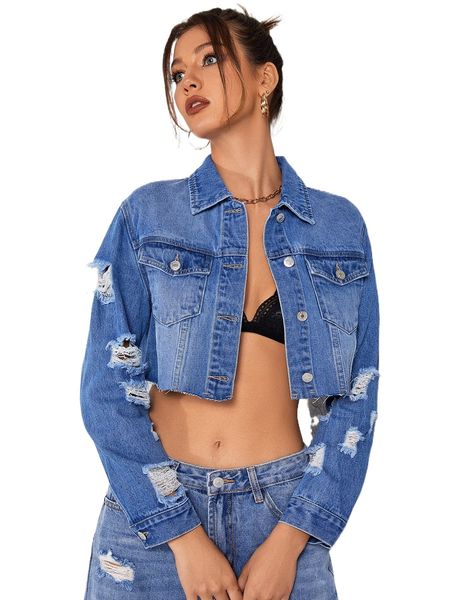 

drop shoulder cut out ripped raw hem crop denim jacket 11qn#, Black;brown