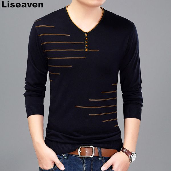 Liseenaven Men T -Shirt Langarm Vneck T -Shirt Strickt T -Shirt Herren Mode Slim Fit Brand Tops Tees 20116