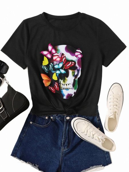 

butterfly & skeleton print round neck tee 56fy#, White
