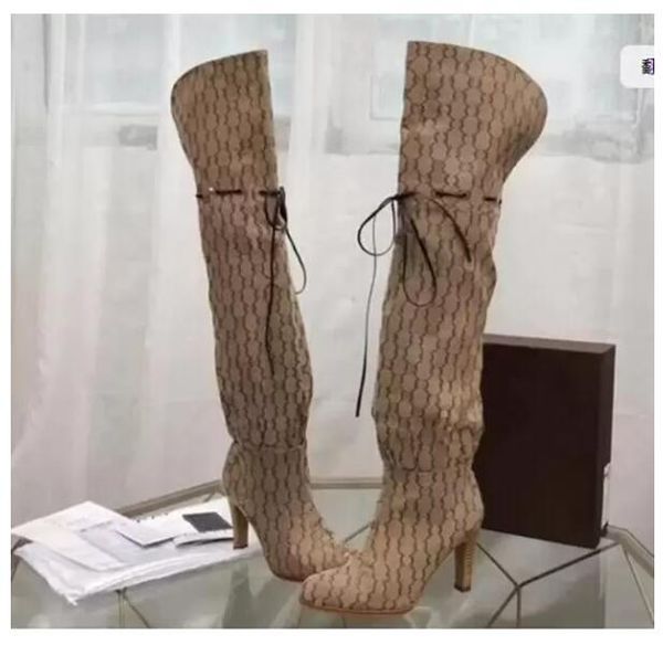 

2022 luxury r boots 9cm high heels cowhide leather canvas shoes thigh-high boots women 24 inches casual dress size 35-42 with box and tag ba, Black