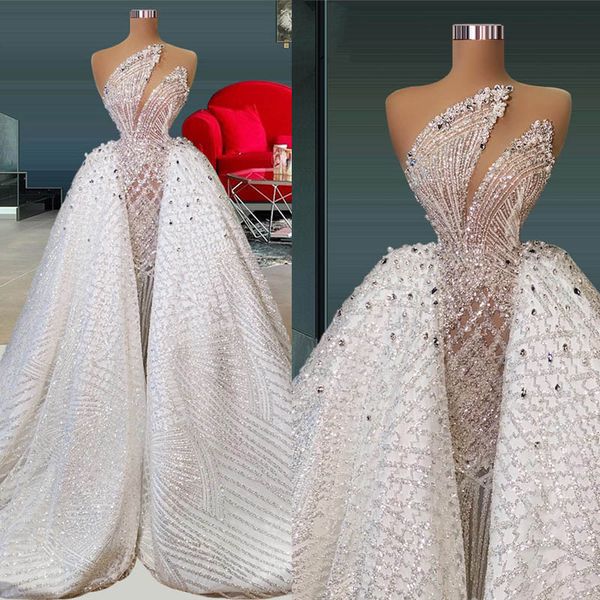

exquisite wedding mermaid dress with detachable train beading crystal bridal gown sequined dubai dresses vestido de novia, White