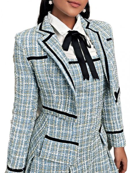

plaid tweed contrast tape overcoat c2up#, Black