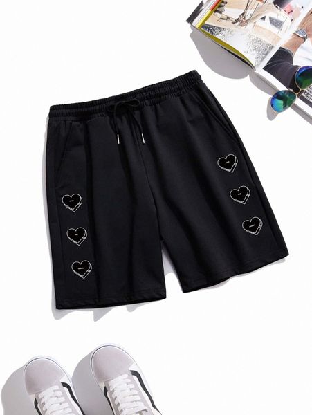 

romwe guys heart graphic drawstring shorts y0mh#, White;black