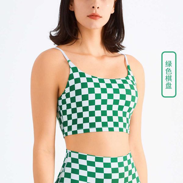 

checkerboard yoga tank nude breathable fake two-piece fitness bra auxiliary breast sports vest gym clothes women, White