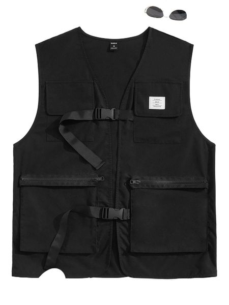 

men letter patched flap pocket buckled detail vest jacket m9wn#, Black;brown