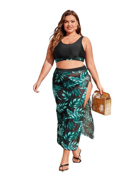

plus 3pack plant print bikini swimsuit & cover up b4fe#, White;black
