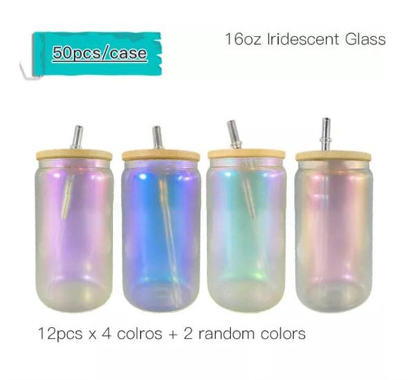 USA Warehouse 16oz Sublimation schillernde Glasdose, Regenbogenglas, schimmernde Biergläser, Becher, mattierte Trinkgläser mit Bambusdeckel, holografische Farbe