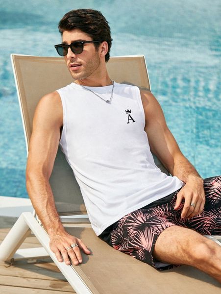 

men letter & crown print tank t4th#, White;black