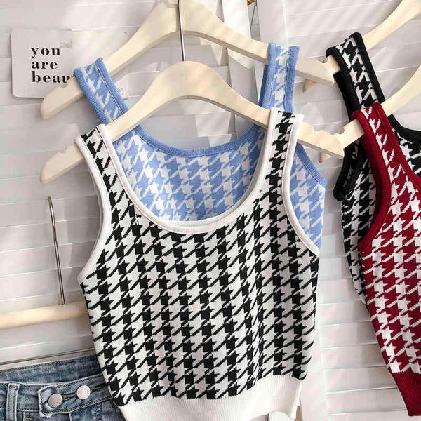 

plaid color contrast round neck sleeveless knitted vest womens spring korean version of allmatch slim short suspender 210525, White