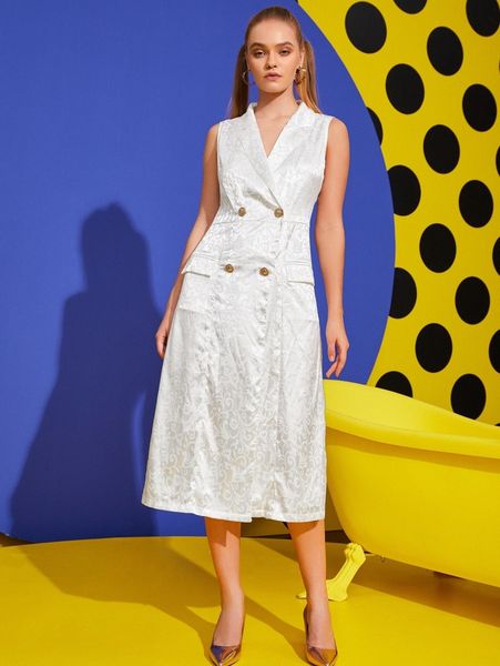 

x scube scroll jacquard lapel collar double breasted dress x5ng#, Black;gray