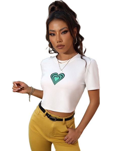 

heart print crop tee y87t#, White