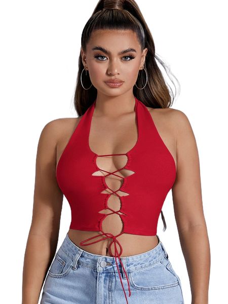 

sxy lace up front crop halter 07oh#, White