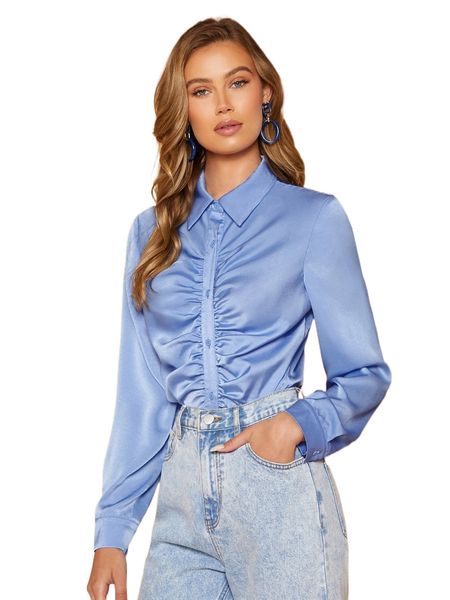 

ruched button front satin shirt h9t2#, White
