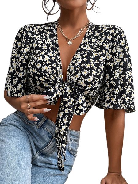 

allover floral print flutter sleeve tie front crop w2yk#, White
