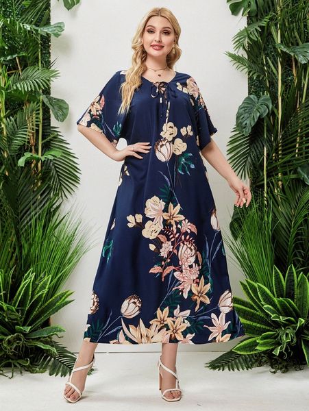 

plus floral print lace up front batwing sleeve dress 99xo#, Black