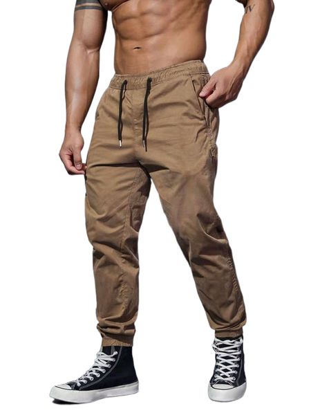 

men solid drawstring waist pants f8xq#, Black