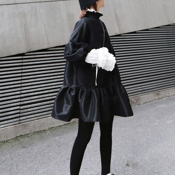 

eam spring summer stand collar long puff sleeve black hem ruffels stitch loose dress women fashion jk852 y200805, Black;pink